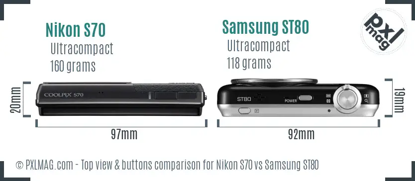 Nikon S70 vs Samsung ST80 top view buttons comparison
