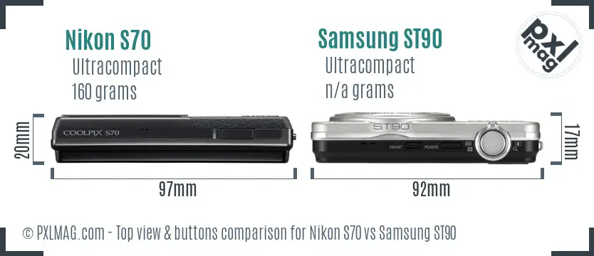 Nikon S70 vs Samsung ST90 top view buttons comparison