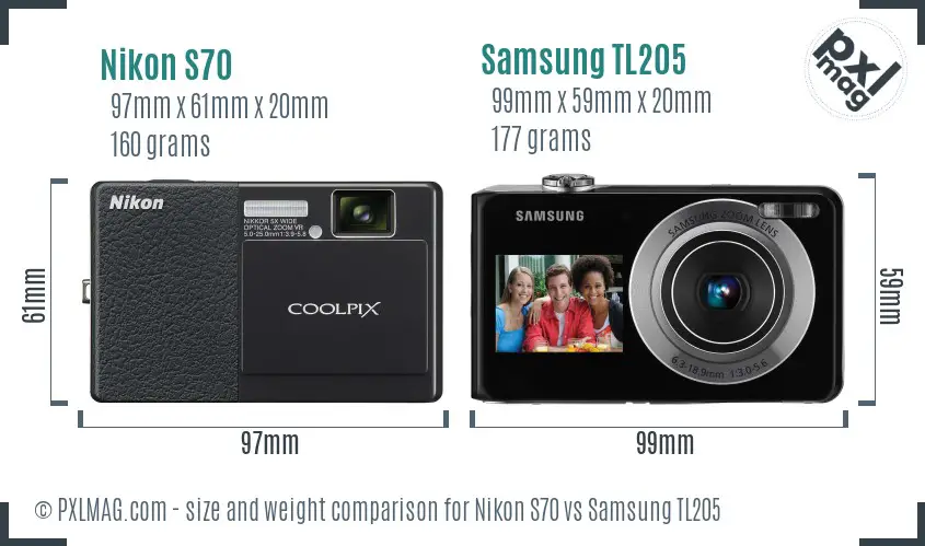 Nikon S70 vs Samsung TL205 size comparison