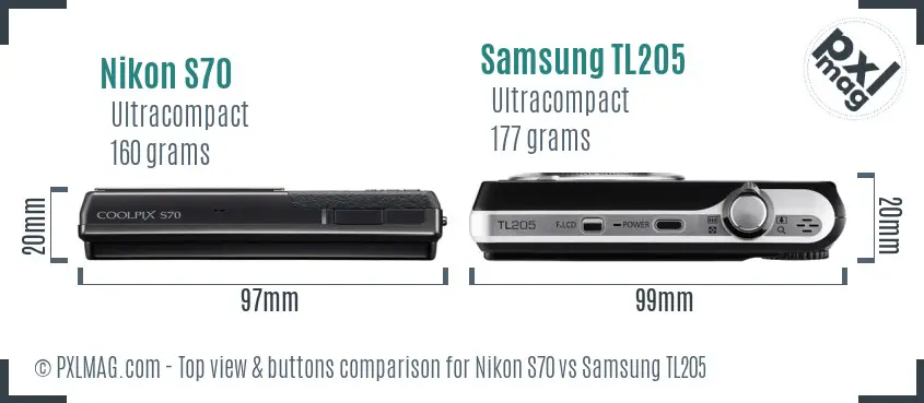 Nikon S70 vs Samsung TL205 top view buttons comparison