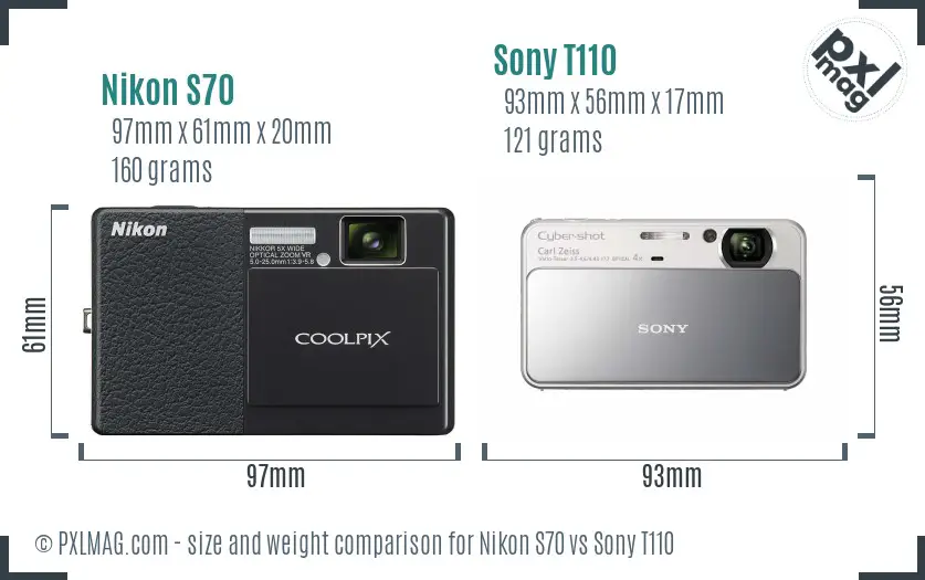 Nikon S70 vs Sony T110 size comparison
