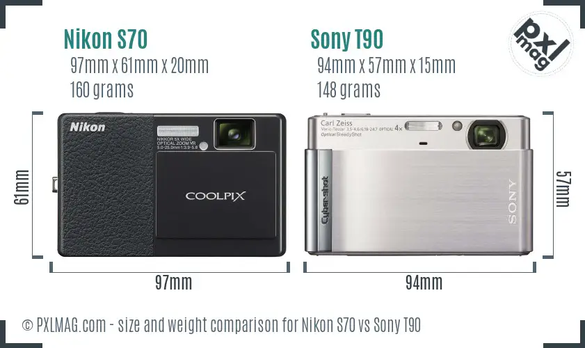 Nikon S70 vs Sony T90 size comparison