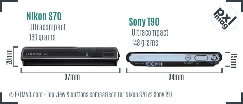 Nikon S70 vs Sony T90 top view buttons comparison