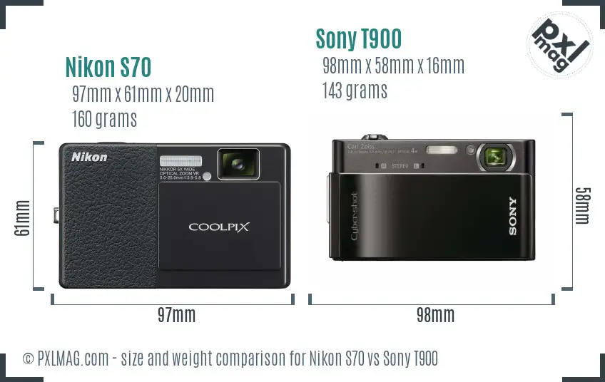 Nikon S70 vs Sony T900 size comparison