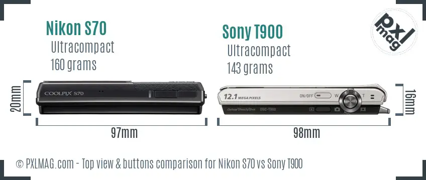 Nikon S70 vs Sony T900 top view buttons comparison