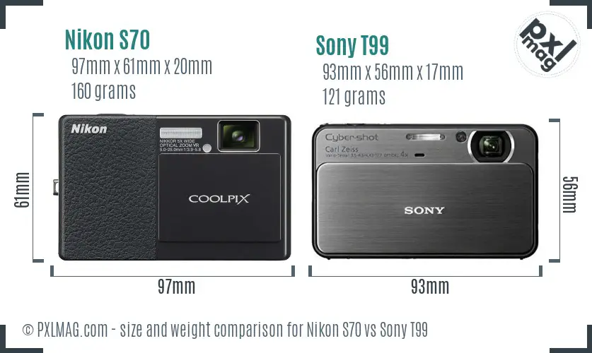 Nikon S70 vs Sony T99 size comparison