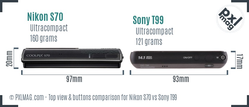 Nikon S70 vs Sony T99 top view buttons comparison