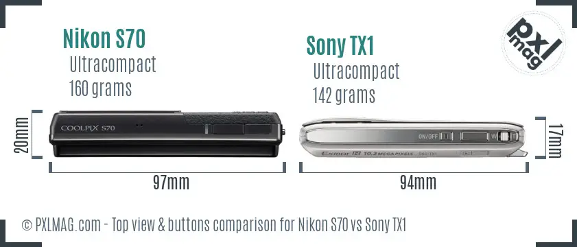 Nikon S70 vs Sony TX1 top view buttons comparison Nikon S70 vs Sony TX1 top view buttons comparison