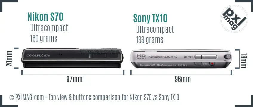 Nikon S70 vs Sony TX10 top view buttons comparison
