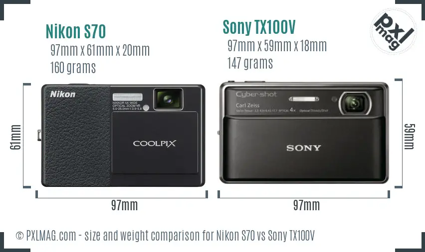 Nikon S70 vs Sony TX100V size comparison