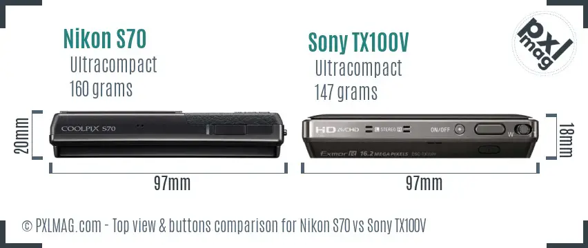 Nikon S70 vs Sony TX100V top view buttons comparison