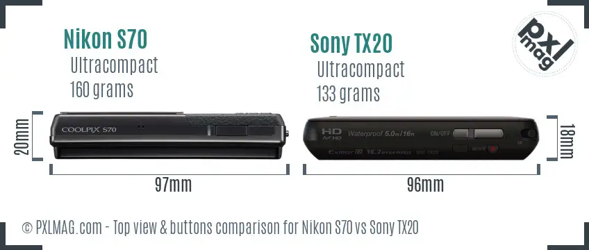 Nikon S70 vs Sony TX20 top view buttons comparison