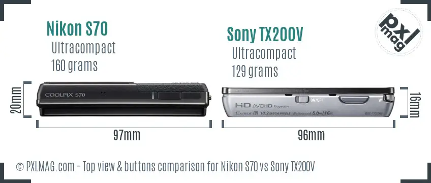 Nikon S70 vs Sony TX200V top view buttons comparison