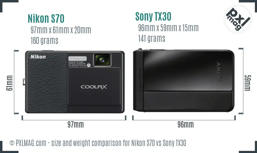 Nikon S70 vs Sony TX30 size comparison