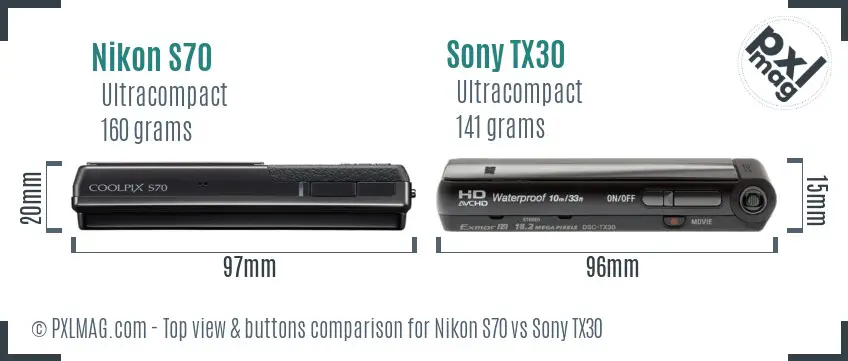 Nikon S70 vs Sony TX30 top view buttons comparison