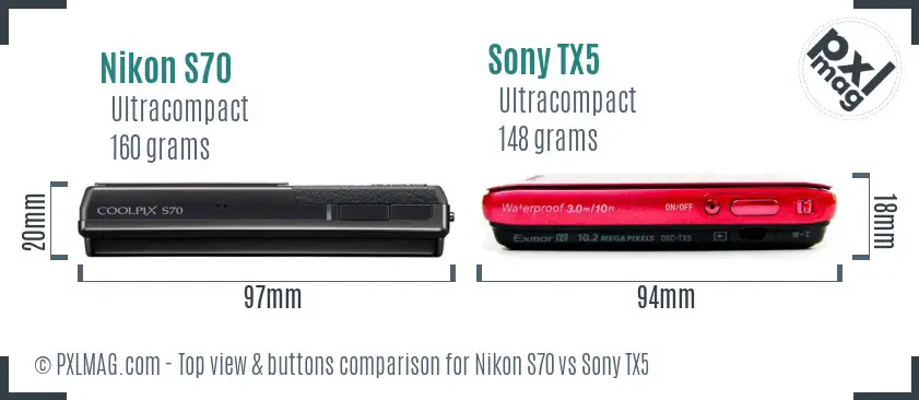 Nikon S70 vs Sony TX5 top view buttons comparison