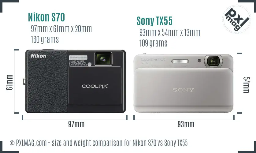 Nikon S70 vs Sony TX55 size comparison