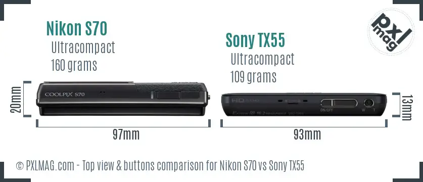 Nikon S70 vs Sony TX55 top view buttons comparison