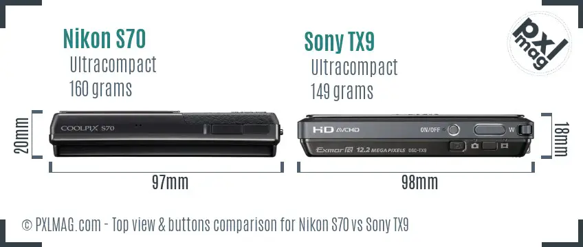 Nikon S70 vs Sony TX9 top view buttons comparison Nikon S70 vs Sony TX9 top view buttons comparison