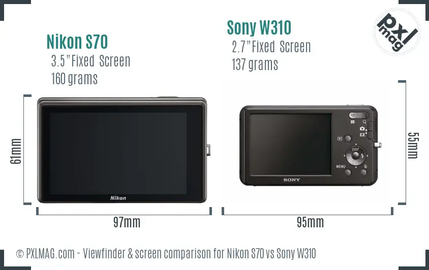 Nikon S70 vs Sony W310 Screen and Viewfinder comparison