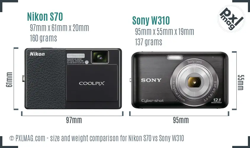 Nikon S70 vs Sony W310 size comparison