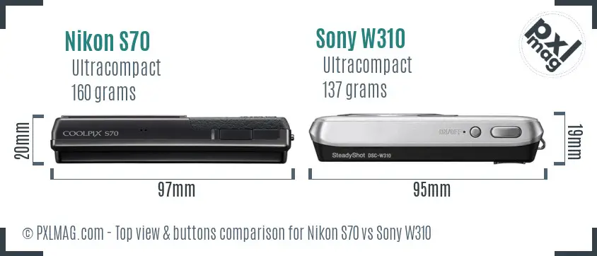 Nikon S70 vs Sony W310 top view buttons comparison