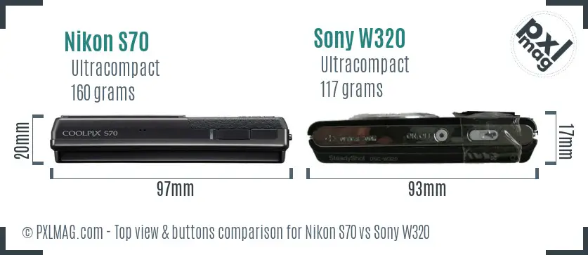 Nikon S70 vs Sony W320 top view buttons comparison Nikon S70 vs Sony W320 top view buttons comparison