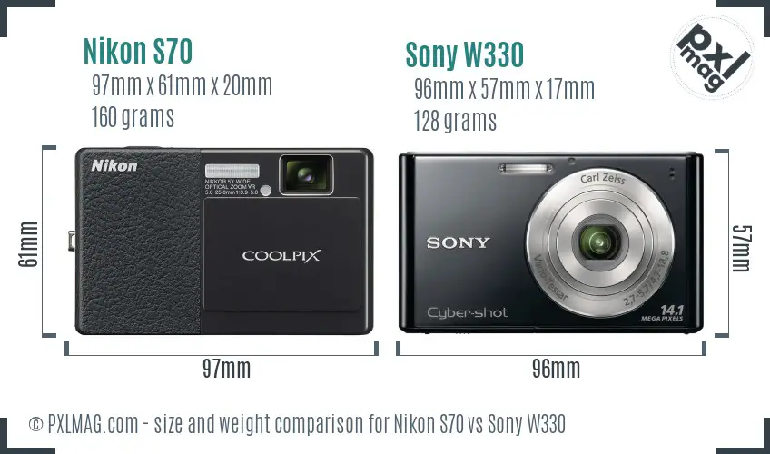 Nikon S70 vs Sony W330 size comparison