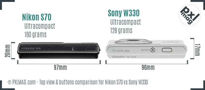 Nikon S70 vs Sony W330 top view buttons comparison