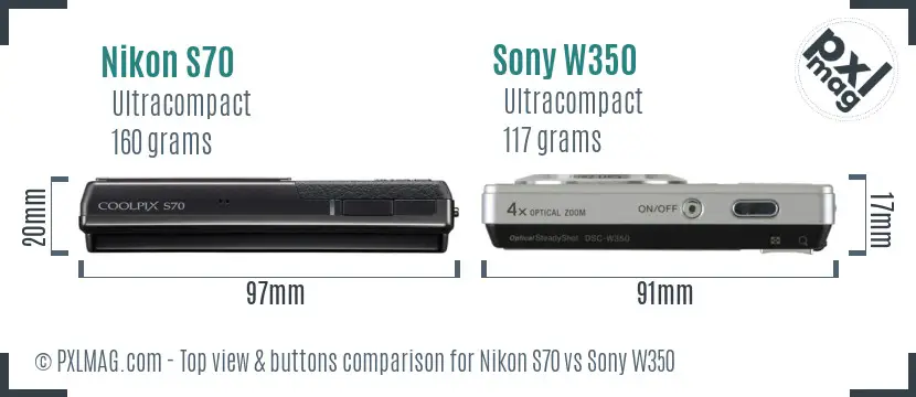 Nikon S70 vs Sony W350 top view buttons comparison