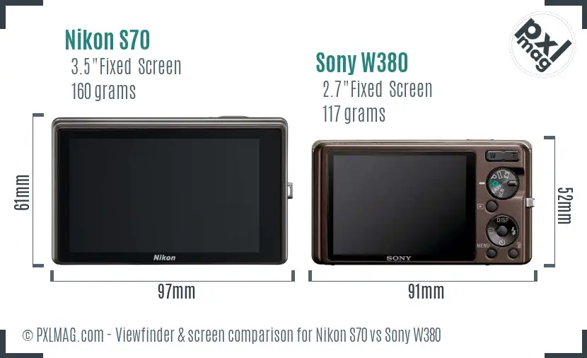 Nikon S70 vs Sony W380 Screen and Viewfinder comparison