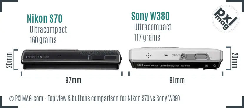 Nikon S70 vs Sony W380 top view buttons comparison