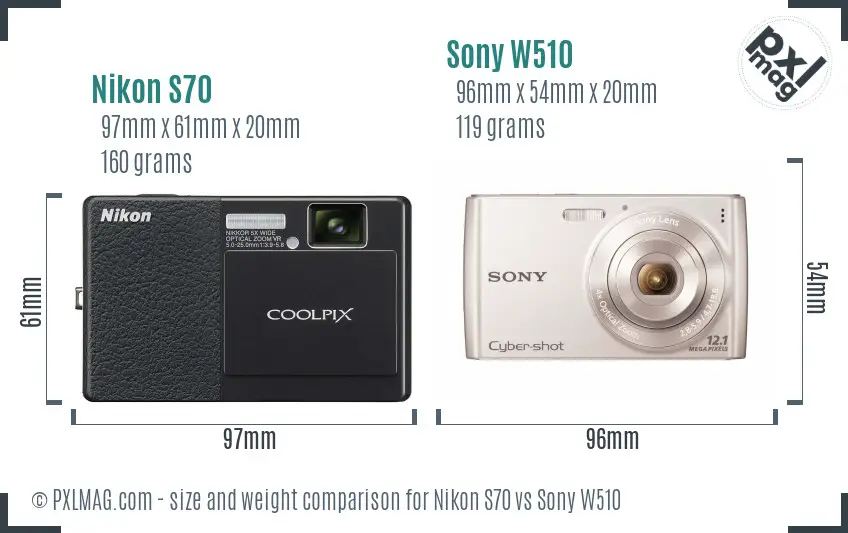 Nikon S70 vs Sony W510 size comparison