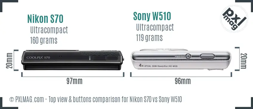 Nikon S70 vs Sony W510 top view buttons comparison