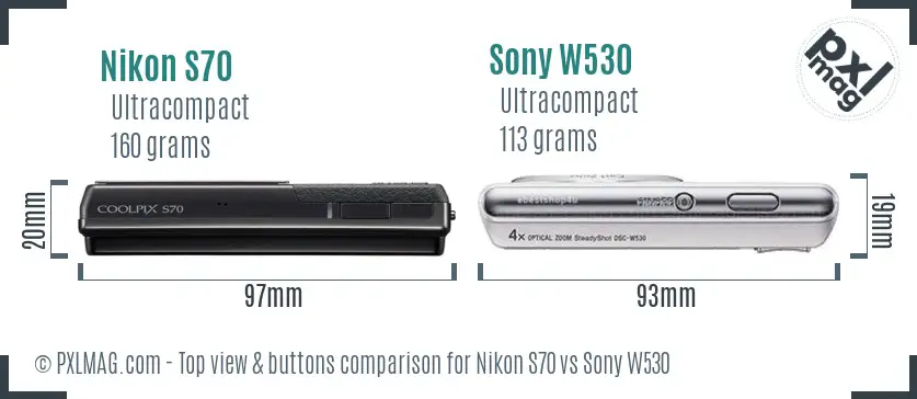Nikon S70 vs Sony W530 top view buttons comparison