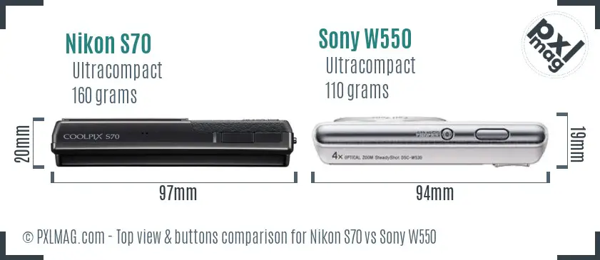 Nikon S70 vs Sony W550 top view buttons comparison Nikon S70 vs Sony W550 top view buttons comparison