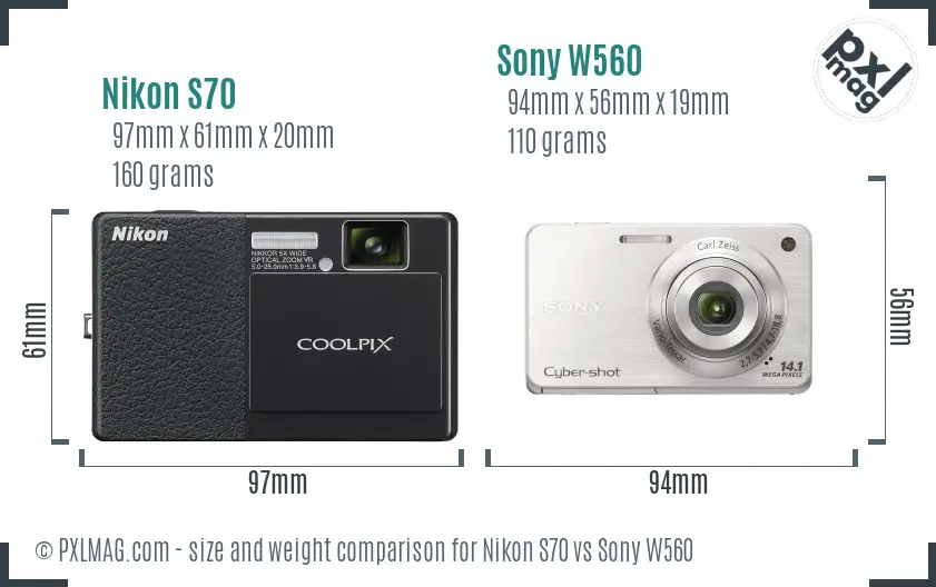 Nikon S70 vs Sony W560 size comparison