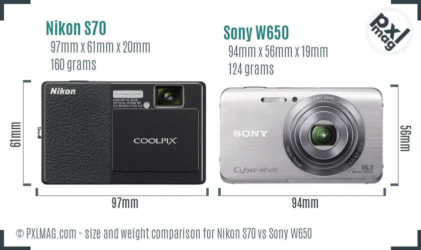 Nikon S70 vs Sony W650 size comparison