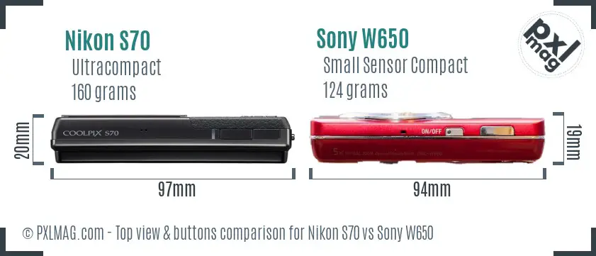 Nikon S70 vs Sony W650 top view buttons comparison