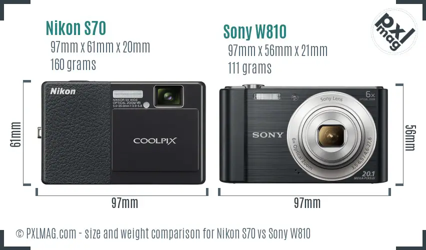 Nikon S70 vs Sony W810 size comparison