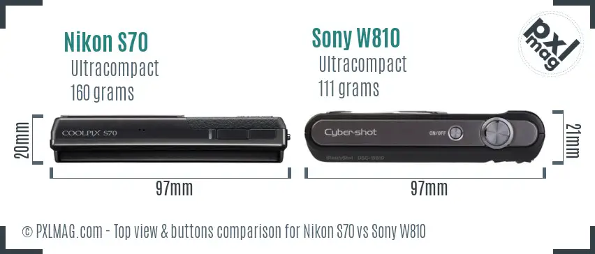 Nikon S70 vs Sony W810 top view buttons comparison