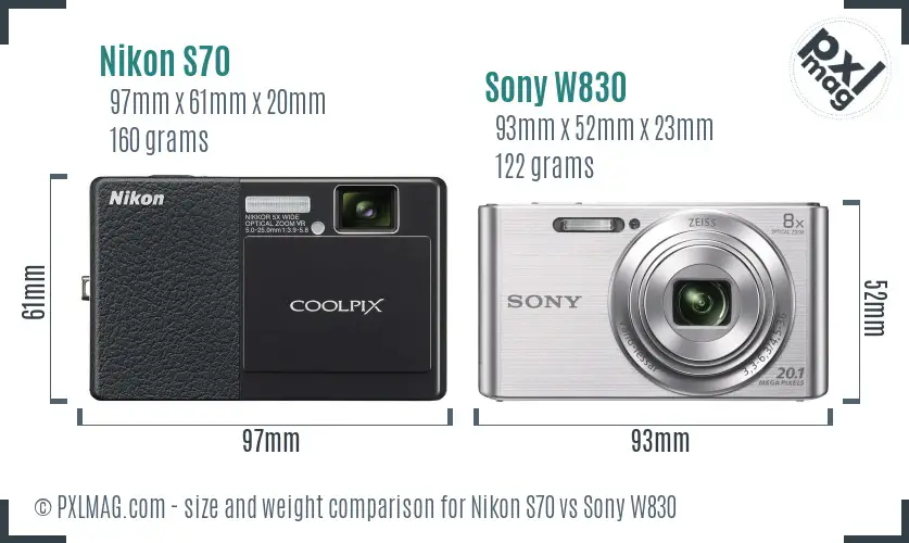 Nikon S70 vs Sony W830 size comparison