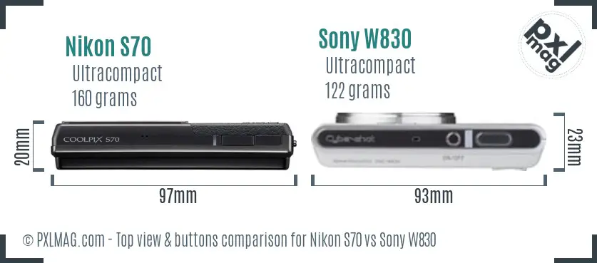 Nikon S70 vs Sony W830 top view buttons comparison