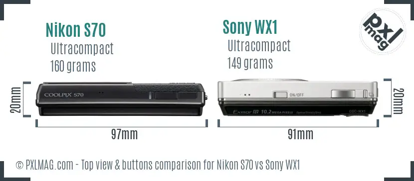 Nikon S70 vs Sony WX1 top view buttons comparison