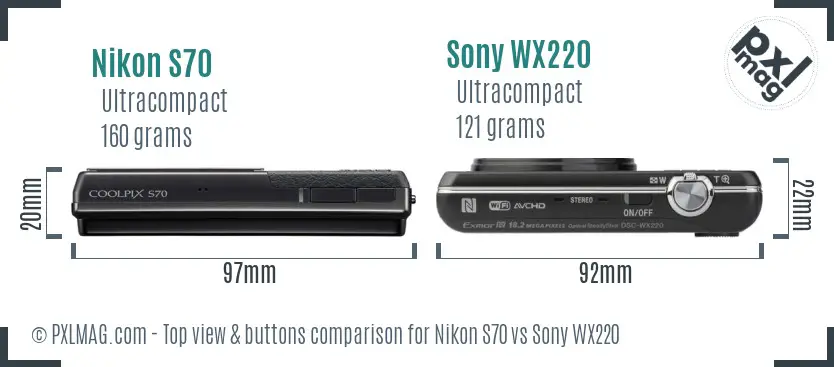 Nikon S70 vs Sony WX220 top view buttons comparison