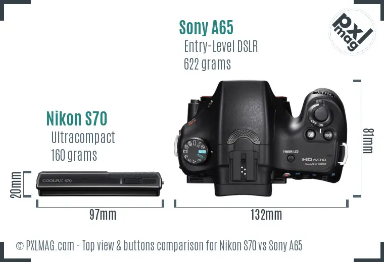 Nikon S70 vs Sony A65 top view buttons comparison