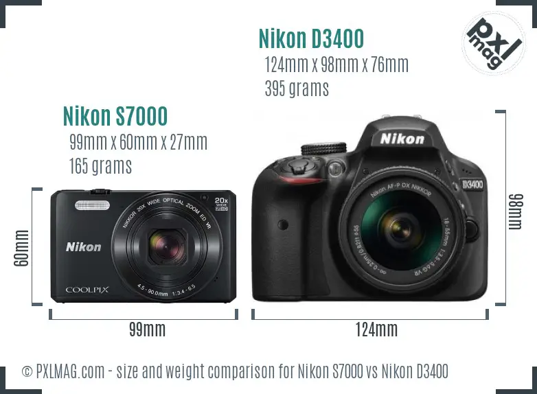 Nikon S7000 vs Nikon D3400 size comparison