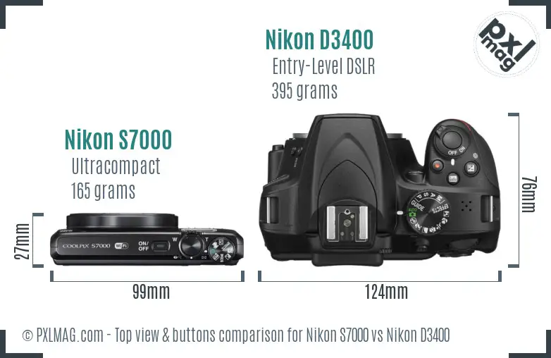 Nikon S7000 vs Nikon D3400 top view buttons comparison