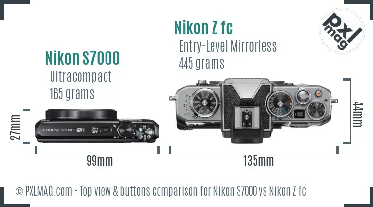 Nikon S7000 vs Nikon Z fc top view buttons comparison Nikon S7000 vs Nikon Z fc top view buttons comparison