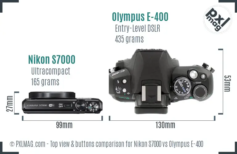 Nikon S7000 vs Olympus E-400 top view buttons comparison